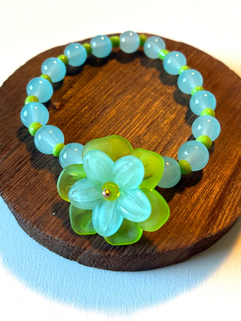 Green and Blue Flower Beaded Stretch Bracelet